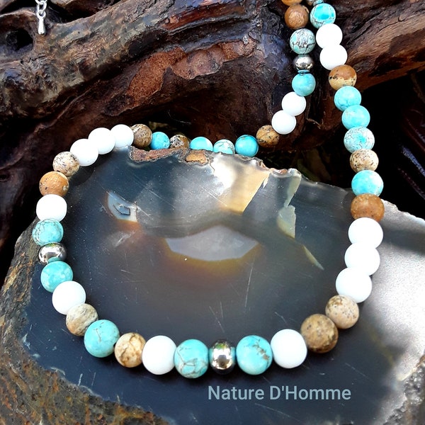 Collier pierres de turquoise, jaspe et agate blanche, un bijou pour hommes tendance Réf: RC-150