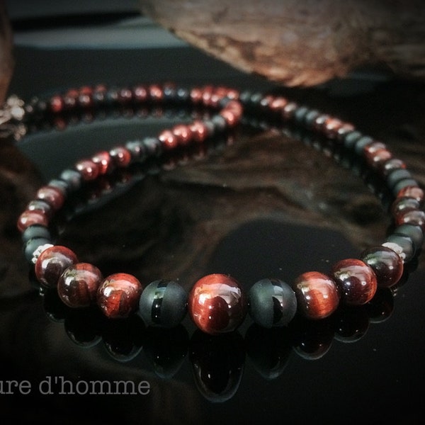 Bijoux hommes - Collier ras du cou pour homme en pierres œil de tigre rouge auburn et onyx noir Réf: RC-102