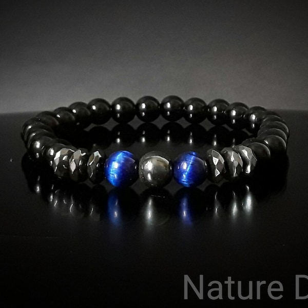 Bijoux hommes - Un bracelet élégant et évocateur en pierres de tourmaline, hématite et œil de tigre bleu Réf: BN-585