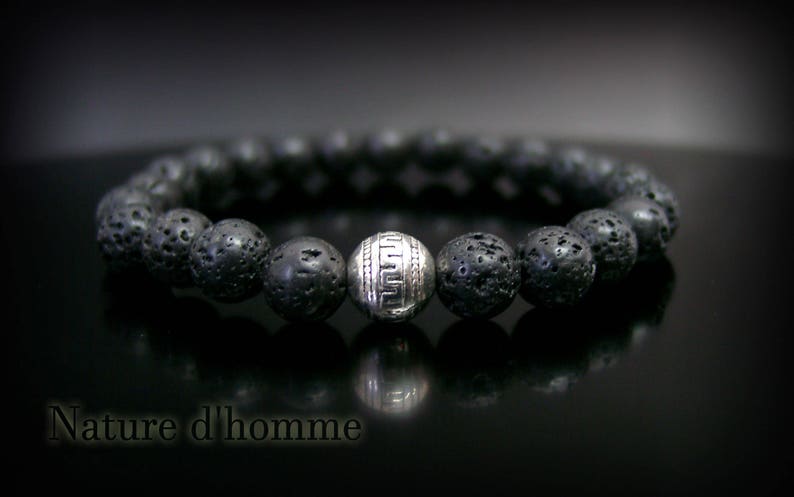 Bracelet black volcanic rock and silver metal bead Ref BN-380
