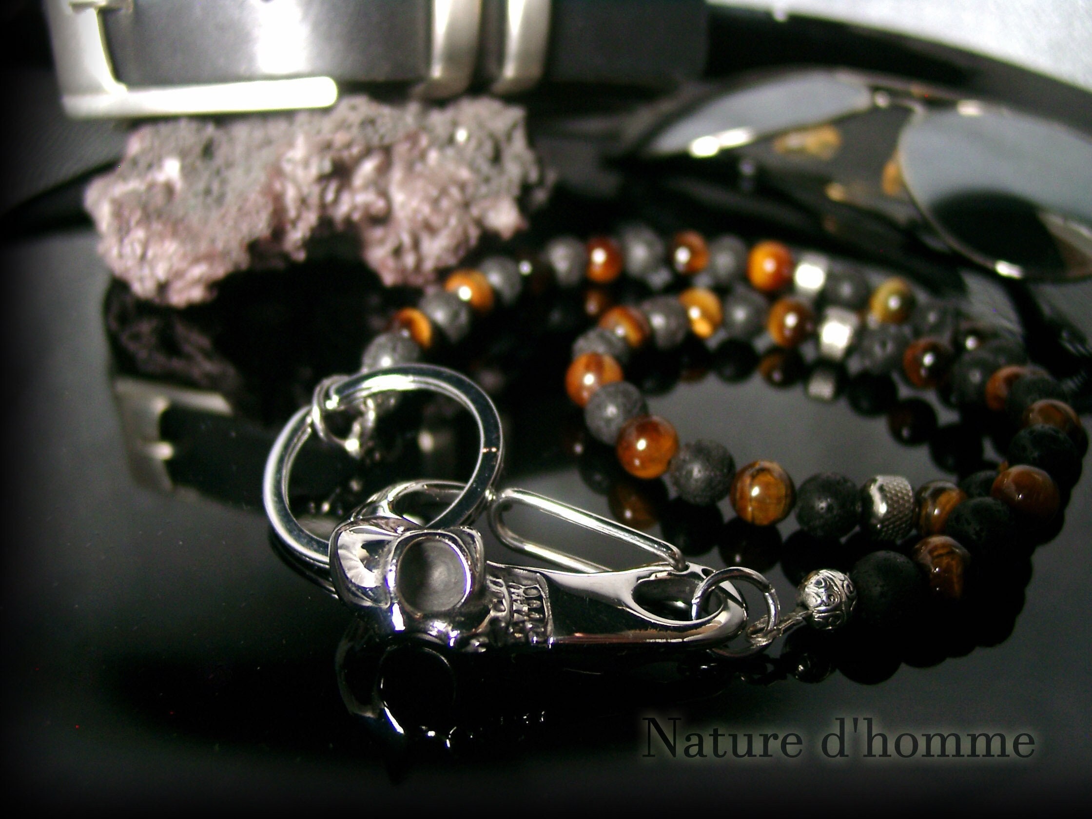 Men's accessories - Chain for biker wallet or key ring or watch in lava stones and tiger's eye Ref: BN-714