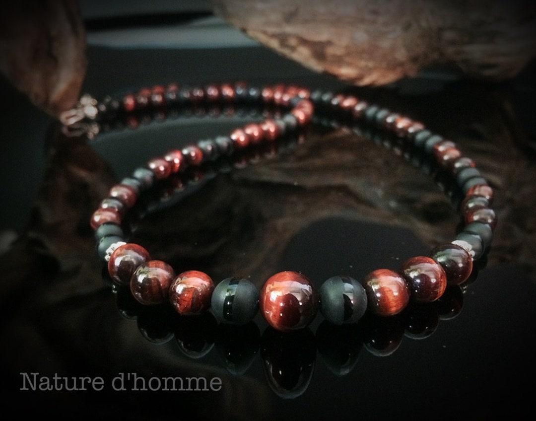 Bijoux hommes Collier ras du cou pour homme en pierres œil de tigre rouge auburn et onyx noir