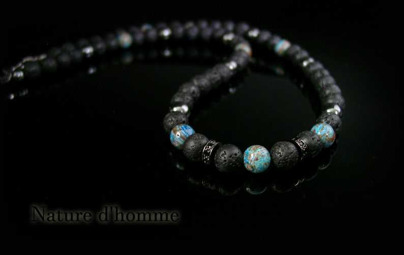 Bijoux hommes Collier homme tendance noir et bleu, en pierre de lave, hématite et jaspe bleu marbré Réf: RC-054 image 1