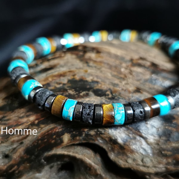 Bracelet tendance en perle heishi, turquoise, pierre de lave, œil de tigre et hématite BN-982