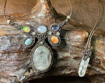Moonstone,Labradorite,Opal,Sunstone,HimalayanQuartz, Micro-macrame Designed necklace