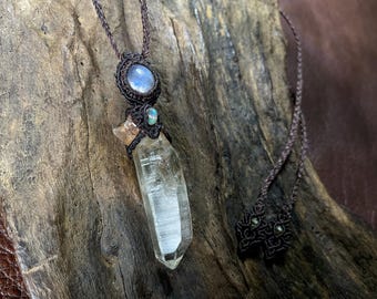 HimalayanQuartz & BlueMoonstone Micro-macrame designed pendants