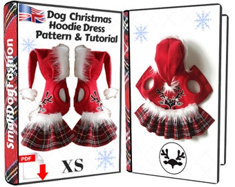 Christmas dog hoodie dress sewing pattern PDF, small dog hoodie pattern, Dog clothes PDF, Christmas dog dress Pattern dog hood for small dog