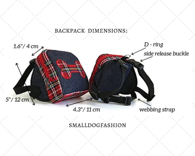 May include: Red and black plaid dog backpack with a blue denim bone design. The backpack has adjustable straps, a D-ring, and a side release buckle. The backpack measures 4.3 inches wide, 5 inches tall, and 1.6 inches deep.