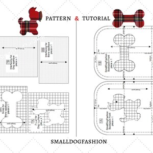 May include: A black and white pattern for a dog backpack with a bone and dog applique. The pattern includes instructions for cutting and sewing the backpack. The pattern is labeled "SmallDogFashion".