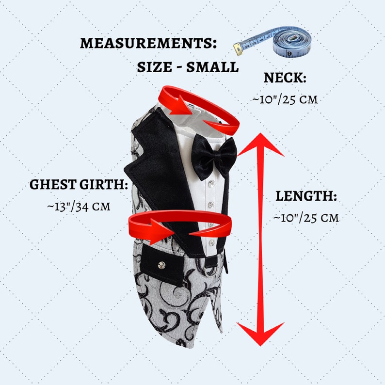 May include: A black and white tuxedo-style dog vest with a bow tie. The vest has a silver and black patterned design. Measurements are provided for neck, chest girth, and length in inches and centimeters.