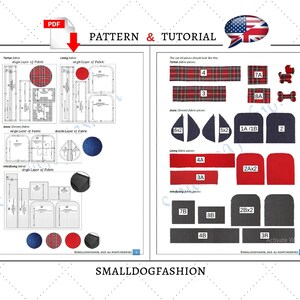 May include: A sewing pattern and tutorial for a dog bed. The pattern includes instructions for cutting out fabric pieces in red, black, and blue plaid. The tutorial includes a diagram of the finished product.