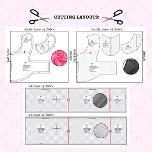 May include: Cutting layouts for a sewing project. The image shows instructions for cutting fabric in different layers, including double layers and four layers. The instructions include fold lines, selvedge edges, and placement instructions for each piece.