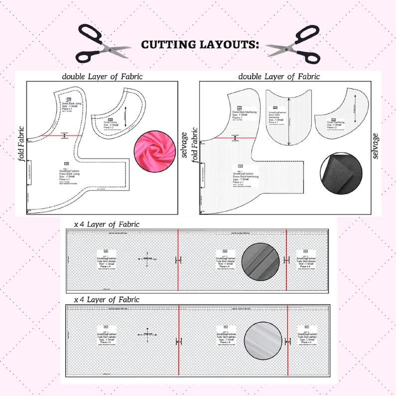 May include: Cutting layouts for a sewing project. The image shows instructions for cutting fabric in different layers, including double layers and four layers. The instructions include fold lines, selvedge edges, and placement instructions for each piece.