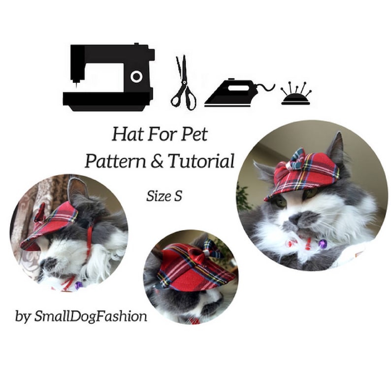 Puede incluir: Un sombrero de cuadros rojos y negros para una mascota, con un lazo en la parte superior. El sombrero se muestra en un gato. La imagen tambi&eacute;n incluye iconos de costura y planchado, y el texto "Hat For Pet Pattern & Tutorial Size S by SmallDogFashion".
