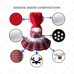 Op de afbeelding: Rode en zwarte geruite hoodie-jurk met witte bontkraag en rendieraccenten. De jurk heeft een rode capuchon en een zwarte strik met een rood ornament. De jurk is versierd met strass.