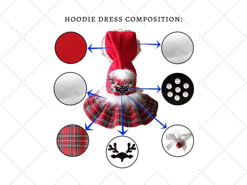 Op de afbeelding: Rode en zwarte geruite hoodie-jurk met witte bontkraag en rendieraccenten. De jurk heeft een rode capuchon en een zwarte strik met een rood ornament. De jurk is versierd met strass.