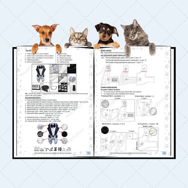 May include: A sewing pattern for a tuxedo dog costume. The pattern includes instructions for cutting and sewing the fabric. The pattern is printed on white paper with black text. The pattern includes a diagram of the tuxedo and the measurements for each piece.