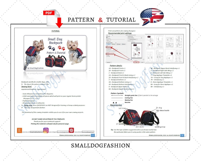 May include: A digital pattern and tutorial for sewing a small dog backpack. The pattern includes instructions and diagrams for sewing a backpack with a red, white, and blue plaid fabric. The tutorial includes a list of materials and sewing steps. The pattern is available as a PDF download.