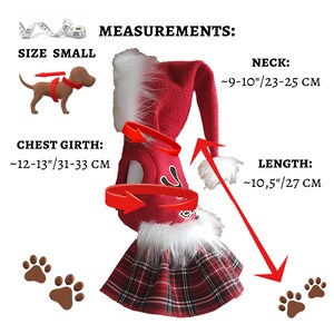 Op de afbeelding: Rood en wit kerstmanhondenkostuum met een geruite rok. Het kostuum bevat een hoed met witte bontkraag. De maten zijn opgegeven voor nek, borstomvang en lengte in inches en centimeters.