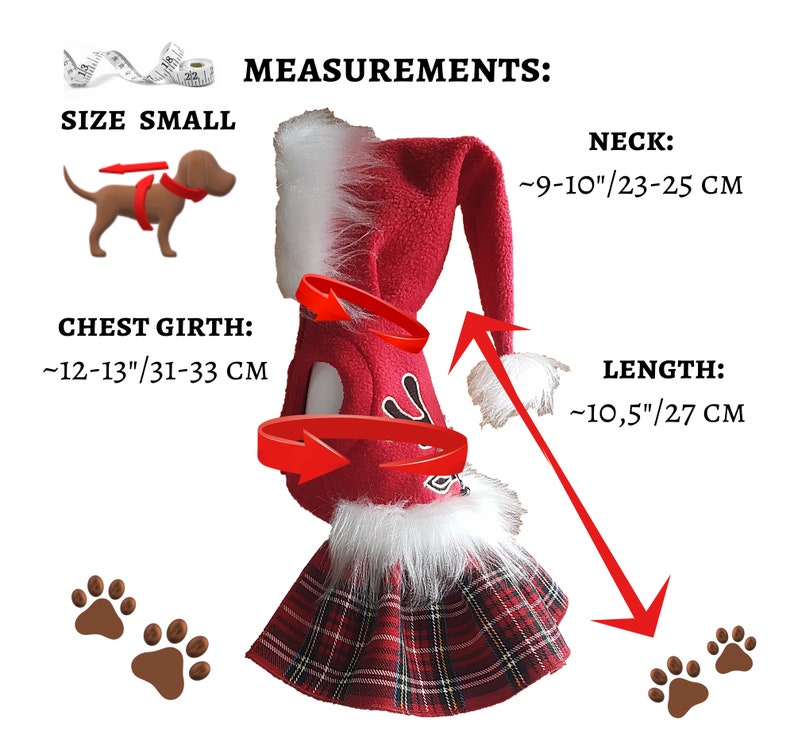 Op de afbeelding: Rood en wit kerstmanhondenkostuum met een geruite rok. Het kostuum bevat een hoed met witte bontkraag. De maten zijn opgegeven voor nek, borstomvang en lengte in inches en centimeters.