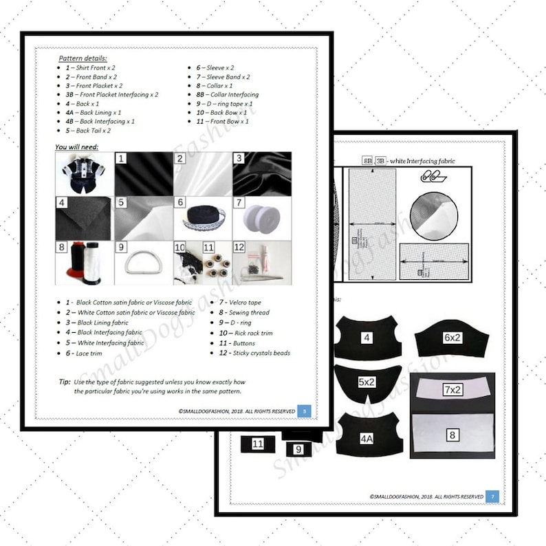 Pode incluir: Um padr&atilde;o de costura para um colete de c&atilde;o preto e branco com instru&ccedil;&otilde;es e uma lista dos materiais necess&aacute;rios. O padr&atilde;o inclui pe&ccedil;as para a frente, costas e colarinho do colete. Os materiais necess&aacute;rios incluem tecido de cetim de algod&atilde;o preto, tecido de cetim de algod&atilde;o branco, tecido de forro preto, tecido de entretela preto, tecido de entretela branco, fita de velcro, linha de costura, um anel em D, acabamento de renda, bot&otilde;es e contas de cristal adesivas.