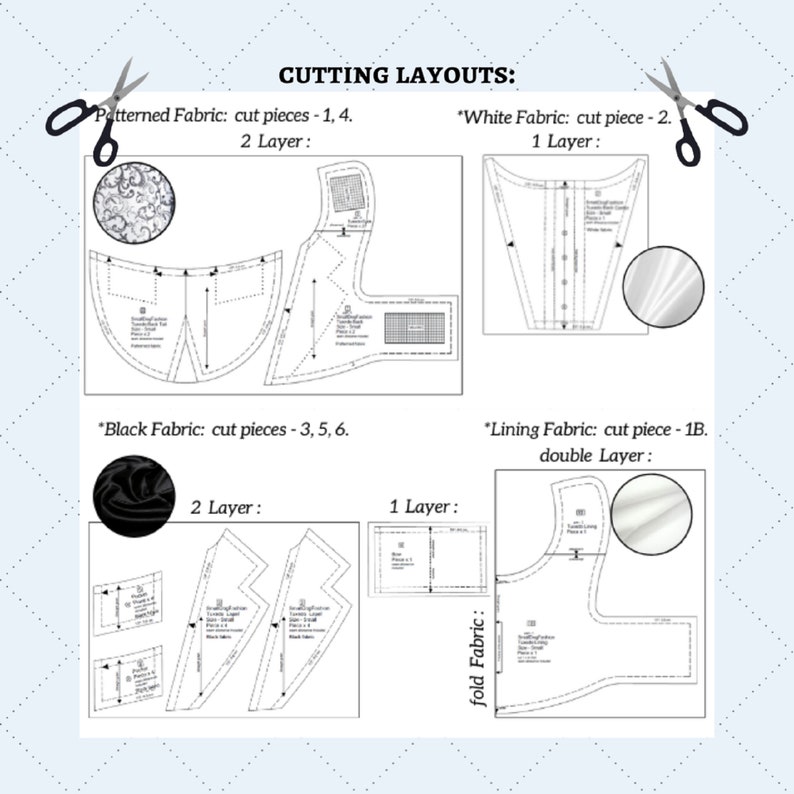 May include: Cutting layout diagram for a sewing project. The diagram shows the different fabric pieces needed for the project, including patterned, white, black, and lining fabrics. The diagram also indicates the number of layers needed for each fabric piece.