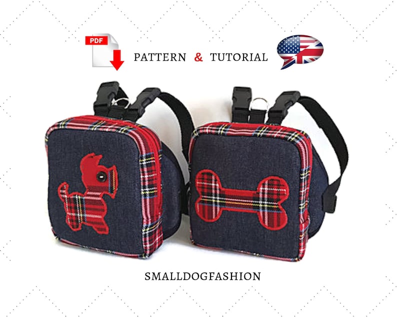 May include: Two small dog backpacks with adjustable straps. One backpack features a red plaid dog design and the other features a red plaid bone design. The backpacks are made of denim and red plaid fabric. The text "PATTERN & TUTORIAL" is visible in the image.