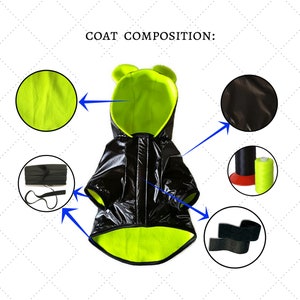 Puede incluir: Chaqueta de perro negra brillante con forro de polar verde. La chaqueta tiene una capucha con orejas y una cremallera. La imagen muestra los diferentes materiales utilizados para hacer la chaqueta, incluyendo la tela negra brillante, el polar verde, el el&aacute;stico negro y el hilo negro.