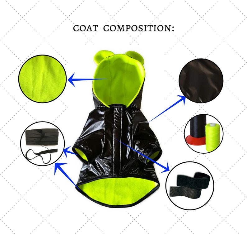 Puede incluir: Chaqueta de perro negra brillante con forro de polar verde. La chaqueta tiene una capucha con orejas y una cremallera. La imagen muestra los diferentes materiales utilizados para hacer la chaqueta, incluyendo la tela negra brillante, el polar verde, el el&aacute;stico negro y el hilo negro.