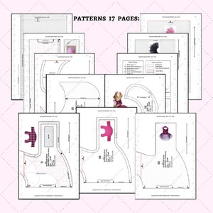 May include: A set of 17 printable sewing patterns for making dog dresses. The patterns include instructions and diagrams for creating various styles of dresses, including a plaid dress, a pink dress, and a tulle dress. The patterns are designed for small dogs.