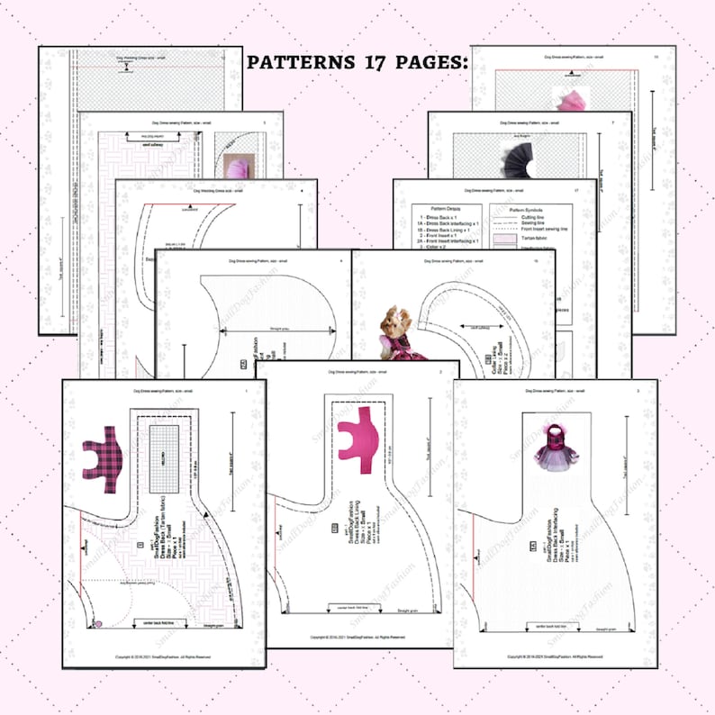 May include: A set of 17 printable sewing patterns for making dog dresses. The patterns include instructions and diagrams for creating various styles of dresses, including a plaid dress, a pink dress, and a tulle dress. The patterns are designed for small dogs.