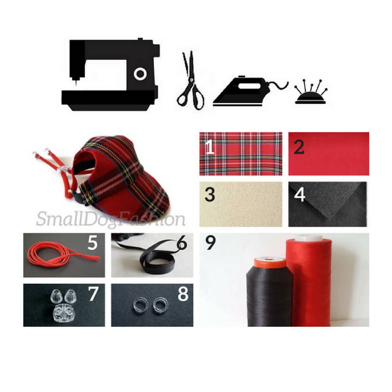 Puede incluir: Una gu&iacute;a paso a paso para hacer un gorro de perro a cuadros. Los materiales incluyen tela a cuadros, tela roja, tela beige, tela negra, hilo rojo, hilo negro, el&aacute;stico, cinta negra, broches de presi&oacute;n de pl&aacute;stico y herramientas de costura. Las instrucciones est&aacute;n numeradas del 1 al 9.