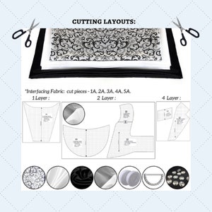 May include: Cutting layout diagram for a dress with four layers of fabric. The diagram shows the pattern pieces for each layer, including interfacing fabric. The image also shows the materials needed for the dress, including black fabric, white fabric, silver fabric, black satin ribbon, white ribbon, and rhinestones.