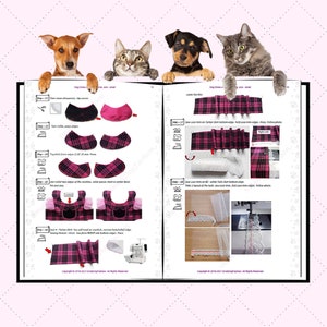 May include: A step-by-step guide for sewing a plaid dog dress with lace trim. The instructions include images of the sewing process and the finished product. The text includes the steps "Step-17 Trim seam allowances, clip curves" and "Step-38 Sew Lace from 4C white Tulle Skirt bottom edge".