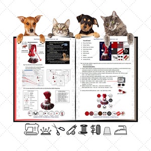 Op de afbeelding: Een boek met instructies en patronen voor het maken van een kerst-hondenkostuum. Het boek is open op een pagina met een lijst van benodigde materialen en een diagram van het kostuum. Het boek wordt omringd door vier dieren: een kat, een hond en twee puppy's.