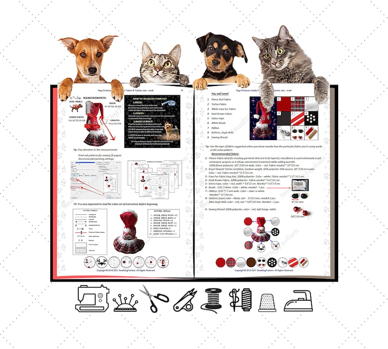 Op de afbeelding: Een boek met instructies en patronen voor het maken van een kerst-hondenkostuum. Het boek is open op een pagina met een lijst van benodigde materialen en een diagram van het kostuum. Het boek wordt omringd door vier dieren: een kat, een hond en twee puppy's.