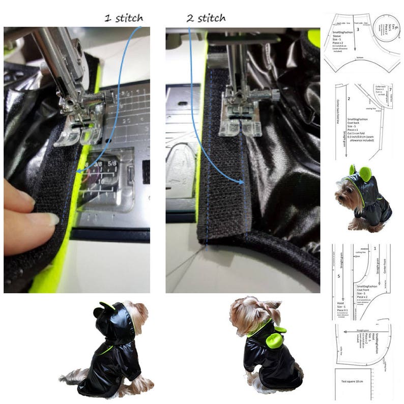 Puede incluir: Una gu&iacute;a paso a paso sobre c&oacute;mo coser un impermeable para perro negro y verde con capucha. El impermeable tiene una tira reflectante y un detalle de oreja verde. La gu&iacute;a muestra c&oacute;mo coser la tira reflectante al tejido del impermeable con una m&aacute;quina de coser.