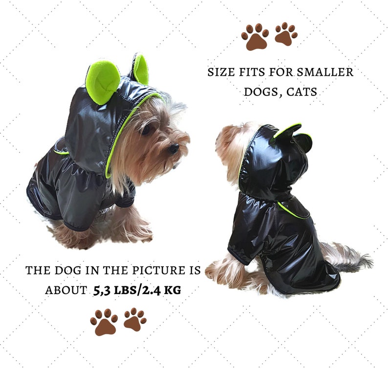 Puede incluir: Chubasquero negro con capucha y orejas verdes para perros y gatos peque&ntilde;os. El perro de la imagen pesa alrededor de 2,4 kg. "Talla adecuada para perros y gatos peque&ntilde;os."
