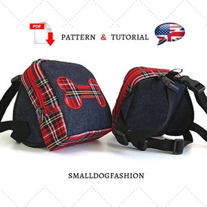 May include: A red and black plaid dog backpack with a denim front panel and a bone-shaped patch. The backpack has adjustable straps and a buckle closure. The image includes the text "PATTERN & TUTORIAL".