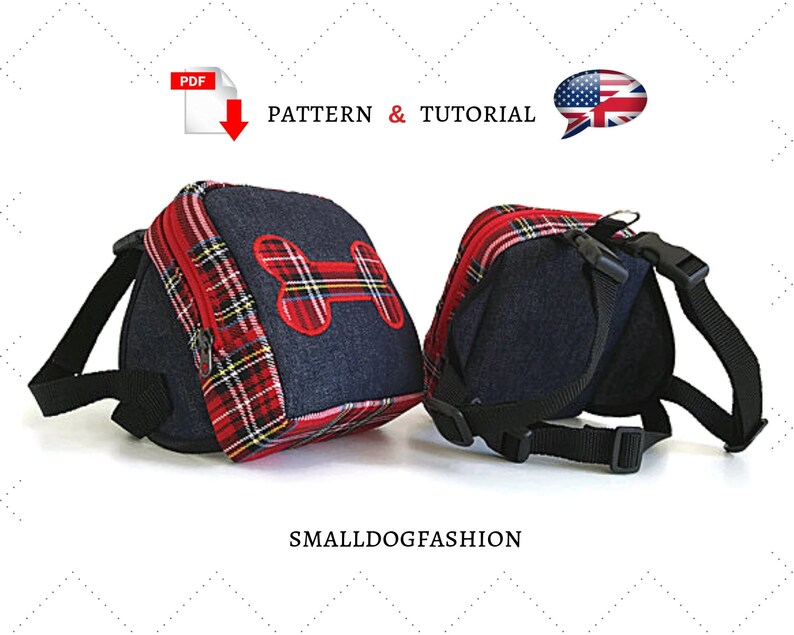 May include: A red and black plaid dog backpack with a denim front panel and a bone-shaped patch. The backpack has adjustable straps and a buckle closure. The image includes the text "PATTERN & TUTORIAL".