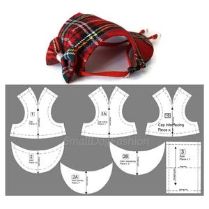 Puede incluir: Un patr&oacute;n de costura para una gorra de perro con tela de cuadros rojos y negros. El patr&oacute;n incluye piezas para la gorra, la visera y el lazo. El patr&oacute;n est&aacute; etiquetado con n&uacute;meros y letras para facilitar la identificaci&oacute;n.