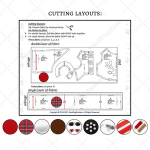 Op de afbeelding: Diagram met instructies voor het knippen van stof voor een hondenvest met een rendierontwerp. Het diagram toont twee lagen stof, een met een ruitpatroon en een met een effen kleur. Het diagram toont ook de plaatsing van de stofdelen voor het vest. Het diagram bevat de tekst "Cutting Layouts", "double Layer of Fabric", "single Layer of Fabric", "selvage", en "fold".