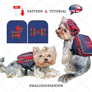 May include: A PDF pattern and tutorial for a red and blue plaid dog backpack with a denim flap. The backpack features a red and blue plaid design with a denim flap and a red and blue plaid dog silhouette on the front. The pattern is available for download.  The image also shows two small dogs wearing the backpack.