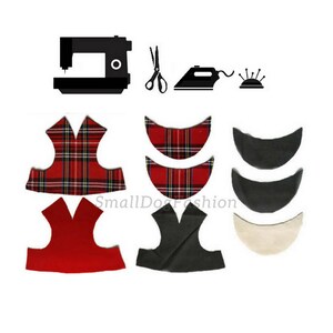 Puede incluir: Un patr&oacute;n de costura para un chaleco para perro con tres opciones de tela diferentes: rojo a cuadros, rojo y negro. El patr&oacute;n incluye instrucciones para coser el chaleco y un logotipo de moda para perros peque&ntilde;os.