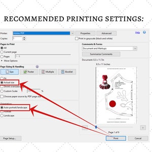 Op de afbeelding: Een screenshot van een computerscherm dat de afdrukinstellingen voor een PDF-document toont. De instellingen omvatten opties voor de te printen pagina's, de paginagrootte en de ori&euml;ntatie. Het document is een patroon voor een rode jurk met een witte kraag en een witte strik.