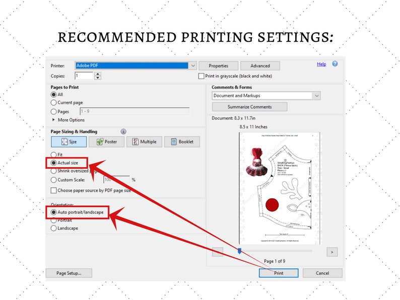 Op de afbeelding: Een screenshot van een computerscherm dat de afdrukinstellingen voor een PDF-document toont. De instellingen omvatten opties voor de te printen pagina's, de paginagrootte en de ori&euml;ntatie. Het document is een patroon voor een rode jurk met een witte kraag en een witte strik.