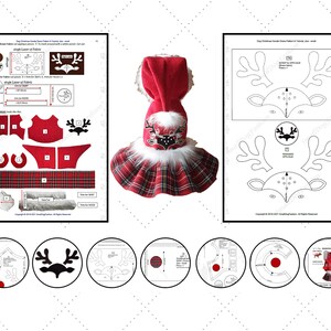 Op de afbeelding: Een printbaar naai-patroon voor een kerst-rendierkostuum voor honden. Het patroon bevat instructies voor het knippen van de stof en het in elkaar zetten van het kostuum. Het kostuum heeft een rok van rood en zwart geruit stof, een rood getailleerd bovenstuk met capuchon en een rendierhoofd met gewei.