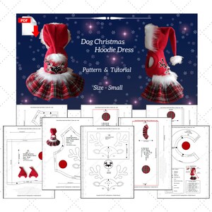 Op de afbeelding: Een PDF-patroon en tutorial voor een klein formaat kerst-hoodiejurk voor honden. De jurk is rood en wit met een geruite rok en rendiergewei. Het patroon bevat instructies voor het maken van de jurk en een hoed.