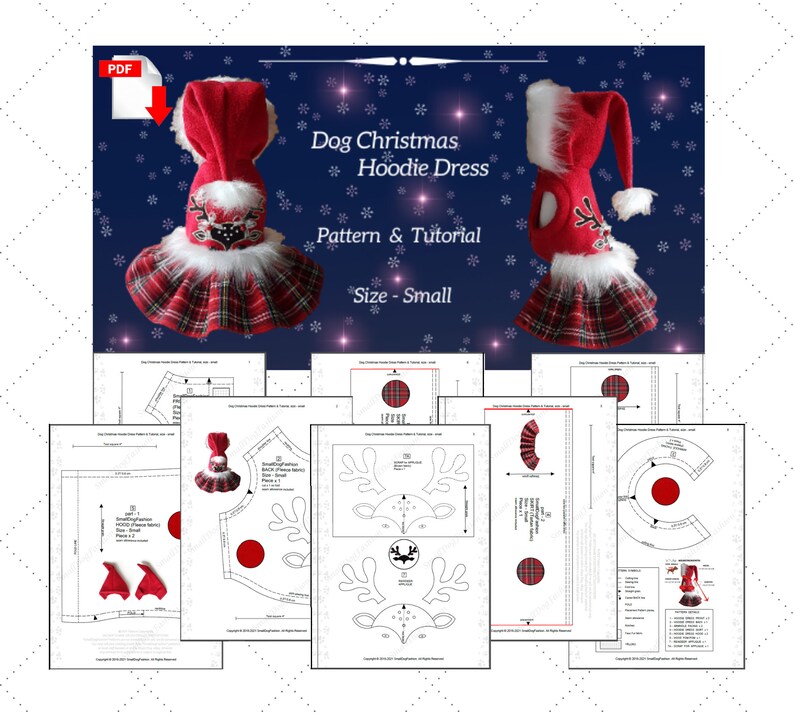 Op de afbeelding: Een PDF-patroon en tutorial voor een klein formaat kerst-hoodiejurk voor honden. De jurk is rood en wit met een geruite rok en rendiergewei. Het patroon bevat instructies voor het maken van de jurk en een hoed.