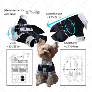 Pode incluir: Um fato de smoking para c&atilde;o preto e branco com gravata borboleta. O fato est&aacute; disposto na horizontal com uma fita m&eacute;trica que mostra as medidas do pesco&ccedil;o, peito e comprimento em cent&iacute;metros. O fato &eacute; para um c&atilde;o pequeno.